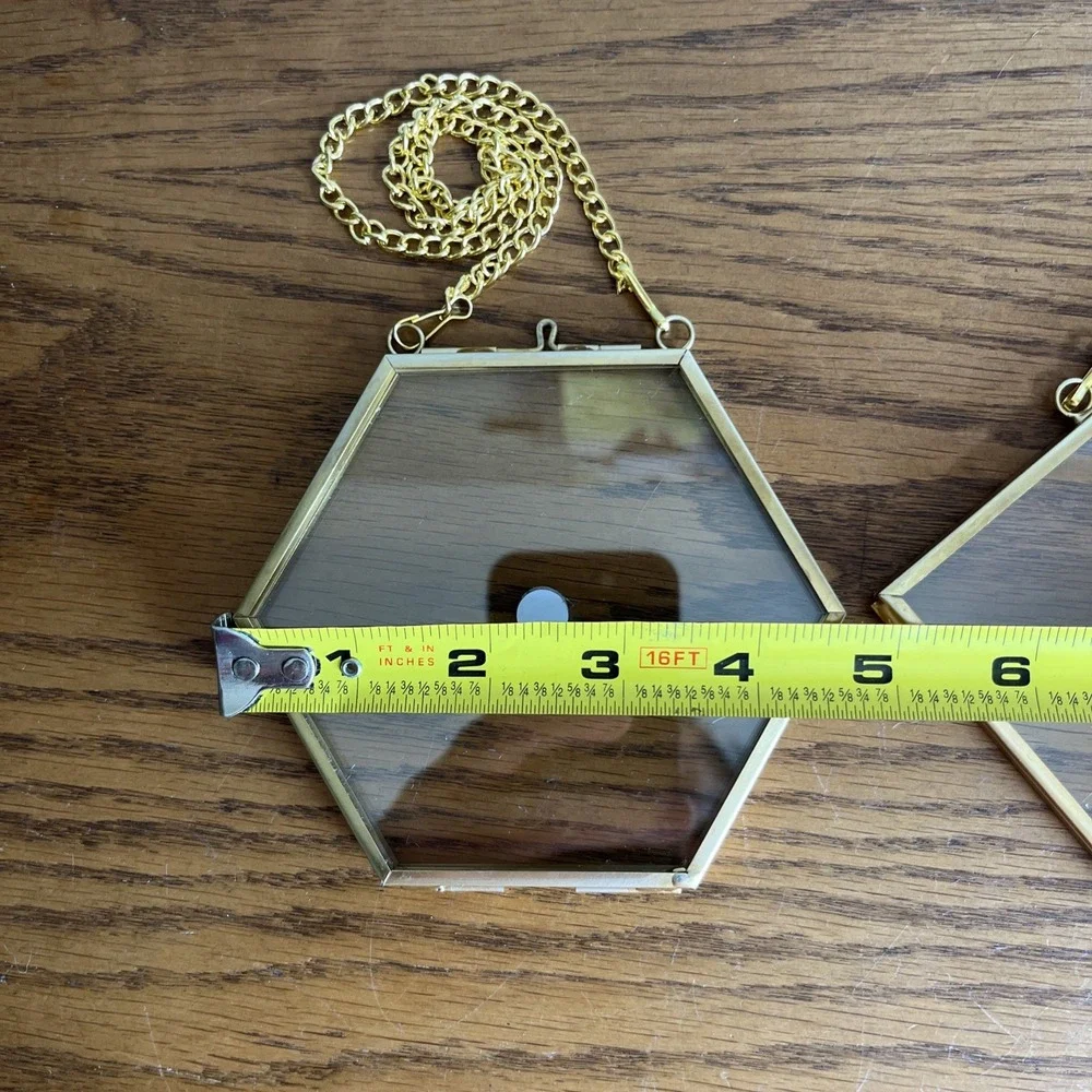Metal Hinged Floating Frames Pressed Flowers Lot Of 2 Gold Tone Hexagon Diamond